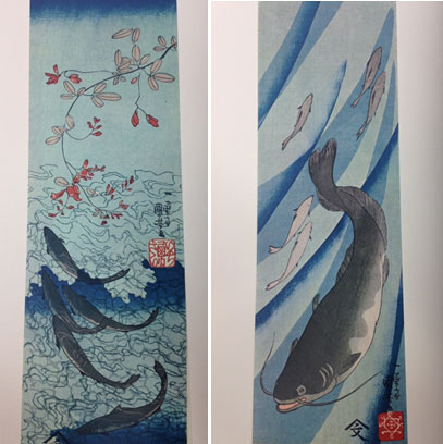 Images by Ichiyusai Kuniyoshi: "Trout Traveling Upstream and Bush Clover" and "Catfish and Trout"