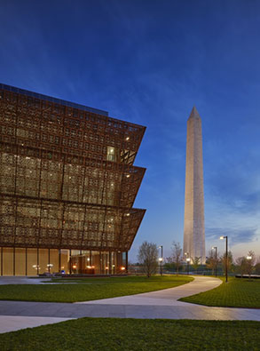  The Smithsonian's National Museum of African American History and Culture and the Washington Monument. Photo by Alan Karchmer.