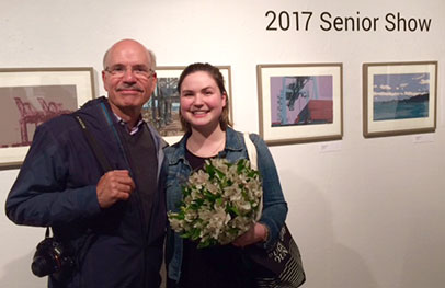 Katherine Etsell and her father, in front of her award winning work