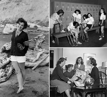 (From Left, top, bottom) 1.) Eunice Williams at Pacific Beach, 1951. 2.) Women’s field hockey, 1948. Williams is on the far right. 3.) Eunice Williams ’51 and friends, 1949. Williams is second from the right.