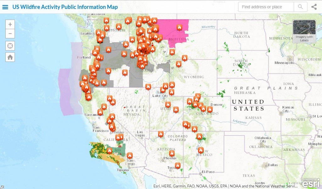 Each fire marker shows a fire currently burning in the Western US. 