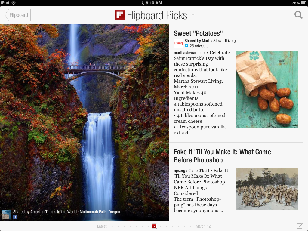 Flipboard screenshot featuring three stories: An image of Mulnomah Falls, Oregon (left), "Sweet 'Potatoes'" (top right), "Fake It 'Til You Make It: What Came Before Photoshop" (bottom right).