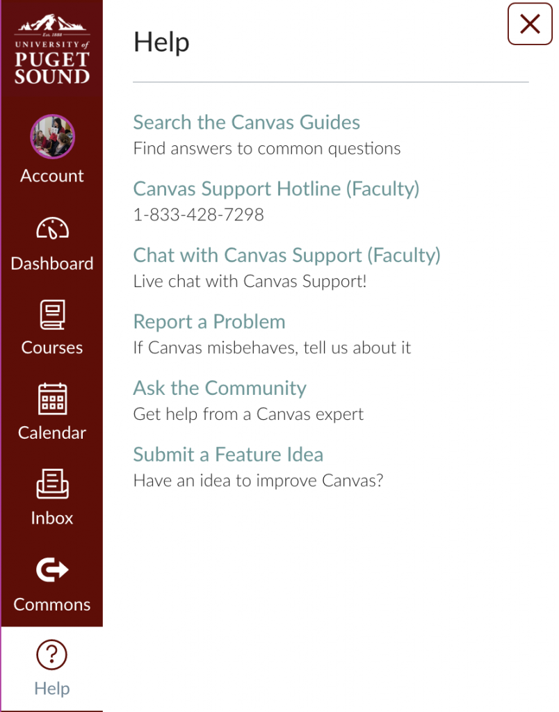 Canvas Support is available by clicking on the "Help" button in the navigation menu.