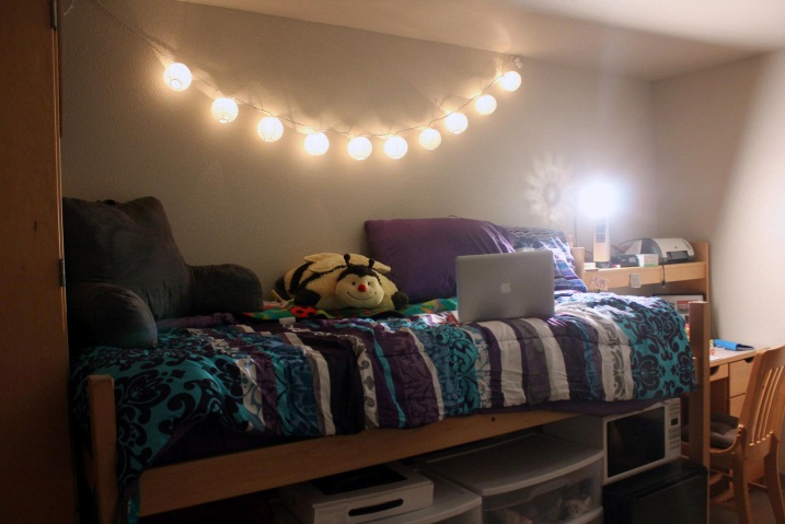 My half of the room on move-in day, fit with the purple bed spread that began my first friendship with the girl down the hall