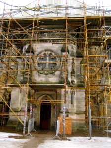 This is the front entrance. The scaffolding is part of a restoration effort for the chapel.