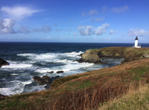 Yaquina Head Lighthouse in the distance.  We climbed to the top of it, where we then engaged in a furious trivia battle to win buttons.  My family is wild.