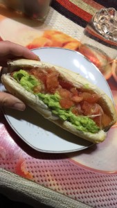 Completos - hot dogs served with avocado, tomato, onions, and mayo. A traditional Chilean food